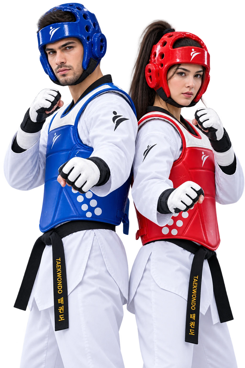 Two Odisha Taekwondo athletes in competition gear, standing back to back